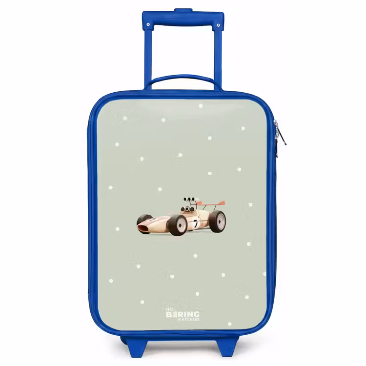 Kinderkoffer Blau - Beigefarbenes Retro-Rennauto auf grünem Polka-Dot-Hintergrund — 1