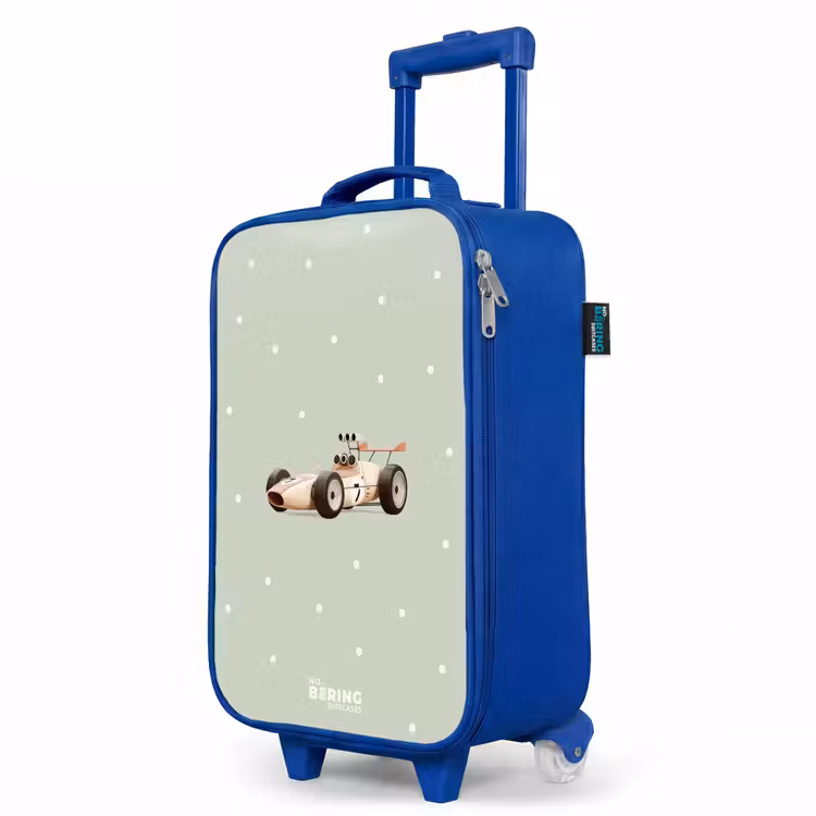 Kinderkoffer Blau - Beigefarbenes Retro-Rennauto auf grünem Polka-Dot-Hintergrund — 8