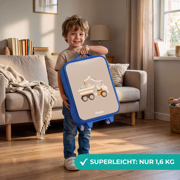 Kinderkoffer Blau - Gelber Kipplaster in neutralen Farben — 3