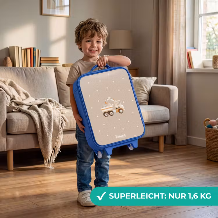 Kinderkoffer Blau - Gelber Muldenkipper mit Steinen und Tupfenmuster — 3