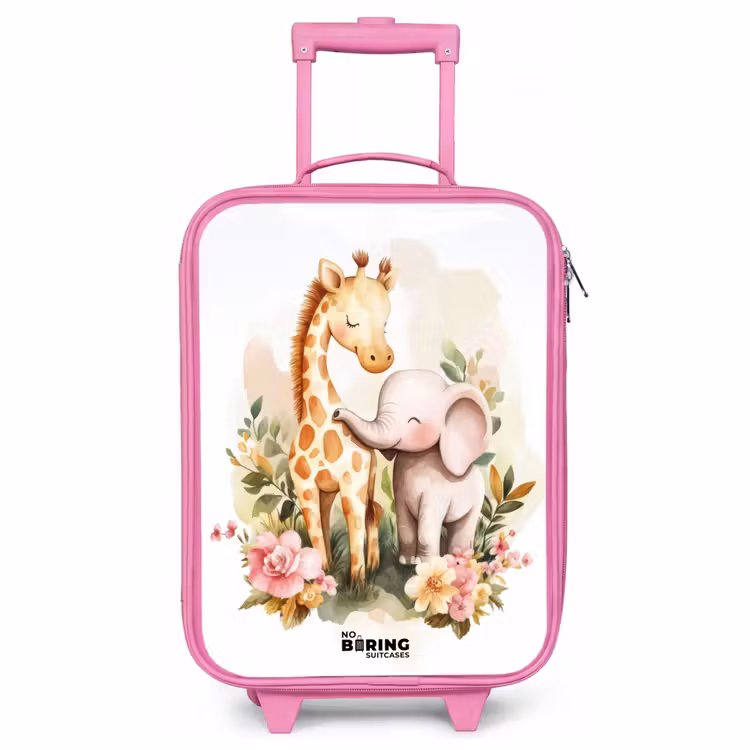 Kinderkoffer Rosa - Giraffe und Elefant zwischen Blumen auf weißem Hintergrund — 1
