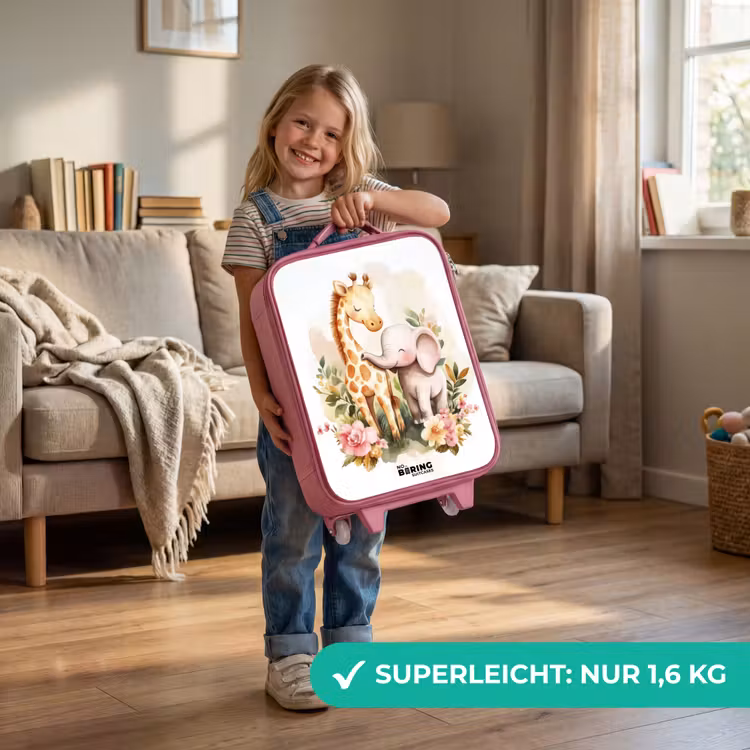 Kinderkoffer Rosa - Giraffe und Elefant zwischen Blumen auf weißem Hintergrund — 3