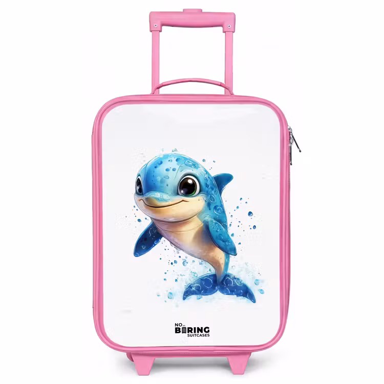 Kinderkoffer Rosa - Glücklicher Delphin mit Wassertropfen auf Weiß — 1