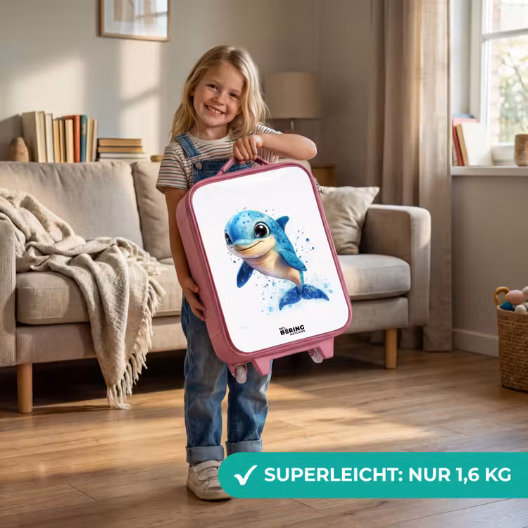 Kinderkoffer Rosa - Glücklicher Delphin mit Wassertropfen auf Weiß — 3
