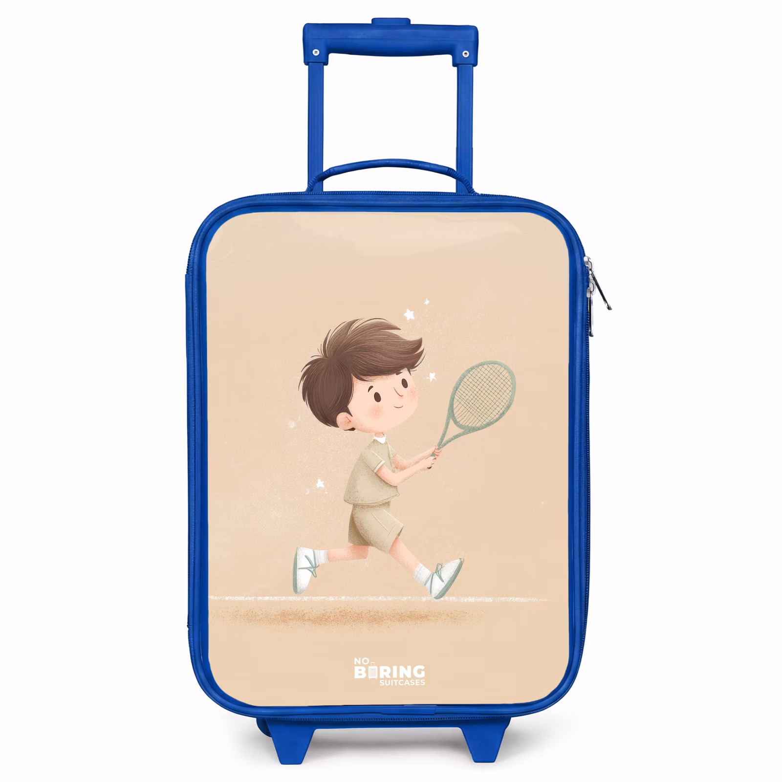 Kinderkoffer Blau - Junge spielt Tennis auf sandfarbenem Hintergrund — 1