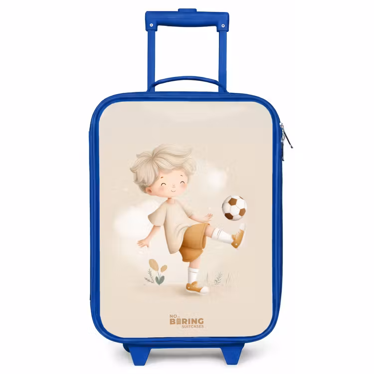 Kinderkoffer Blau - Junge mit einem Fußball in beigen Farben — 1