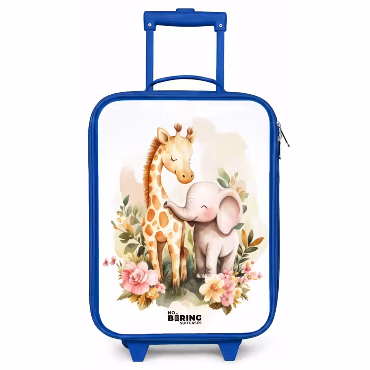 Kinderkoffer Blau - Giraffe und Elefant zwischen Blumen auf weißem Hintergrund — 1