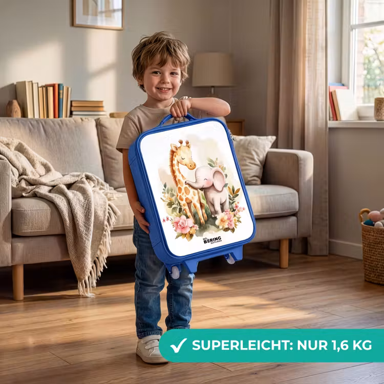 Kinderkoffer Blau - Giraffe und Elefant zwischen Blumen auf weißem Hintergrund — 3