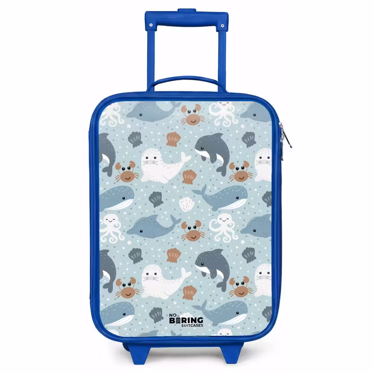 Kinderkoffer Blau - Seetiermuster mit Delphinen, Robben und Krabben — 1