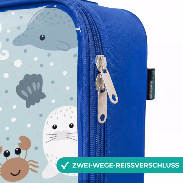 Kinderkoffer Blau - Seetiermuster mit Delphinen, Robben und Krabben — 5