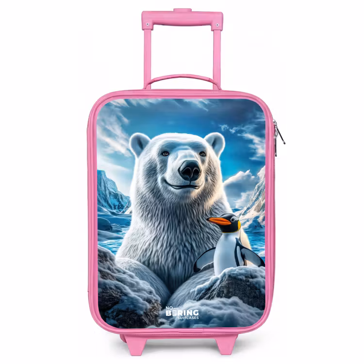 Kinderkoffer Rosa - Eisbär und Pinguin in verschneiter Berglandschaft — 1
