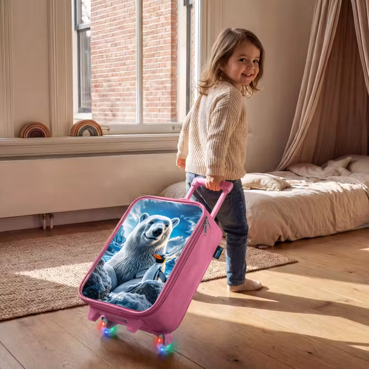 Kinderkoffer Rosa - Eisbär und Pinguin in verschneiter Berglandschaft — 2
