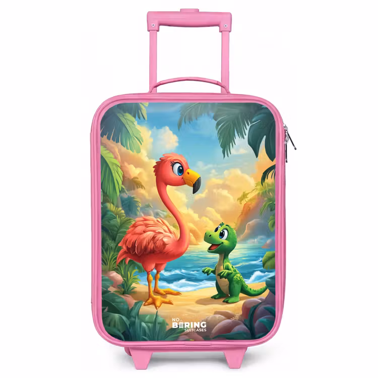 Kinderkoffer Rosa - Flamingo und Dinosaurier am Strand bei Sonnenuntergang — 1