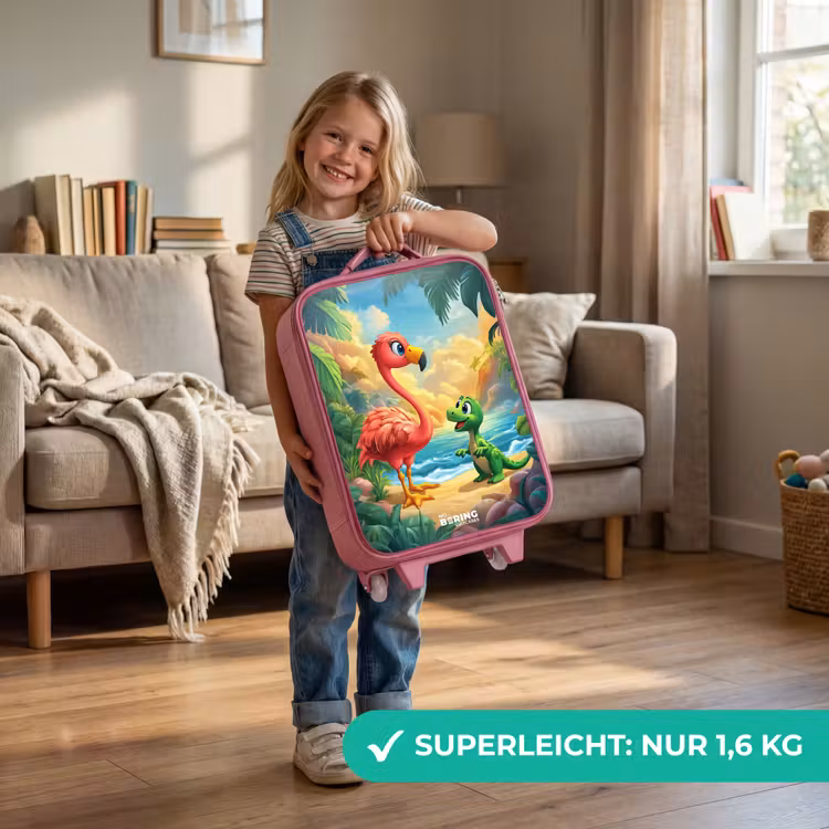 Kinderkoffer Rosa - Flamingo und Dinosaurier am Strand bei Sonnenuntergang — 3
