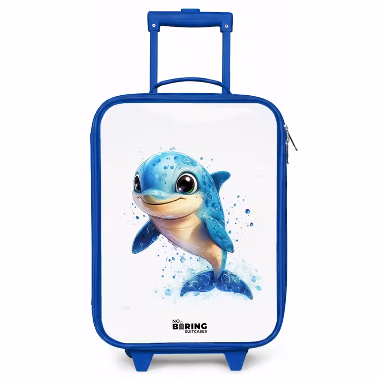 Kinderkoffer Blau - Glücklicher Delphin mit Wassertropfen auf Weiß — 1