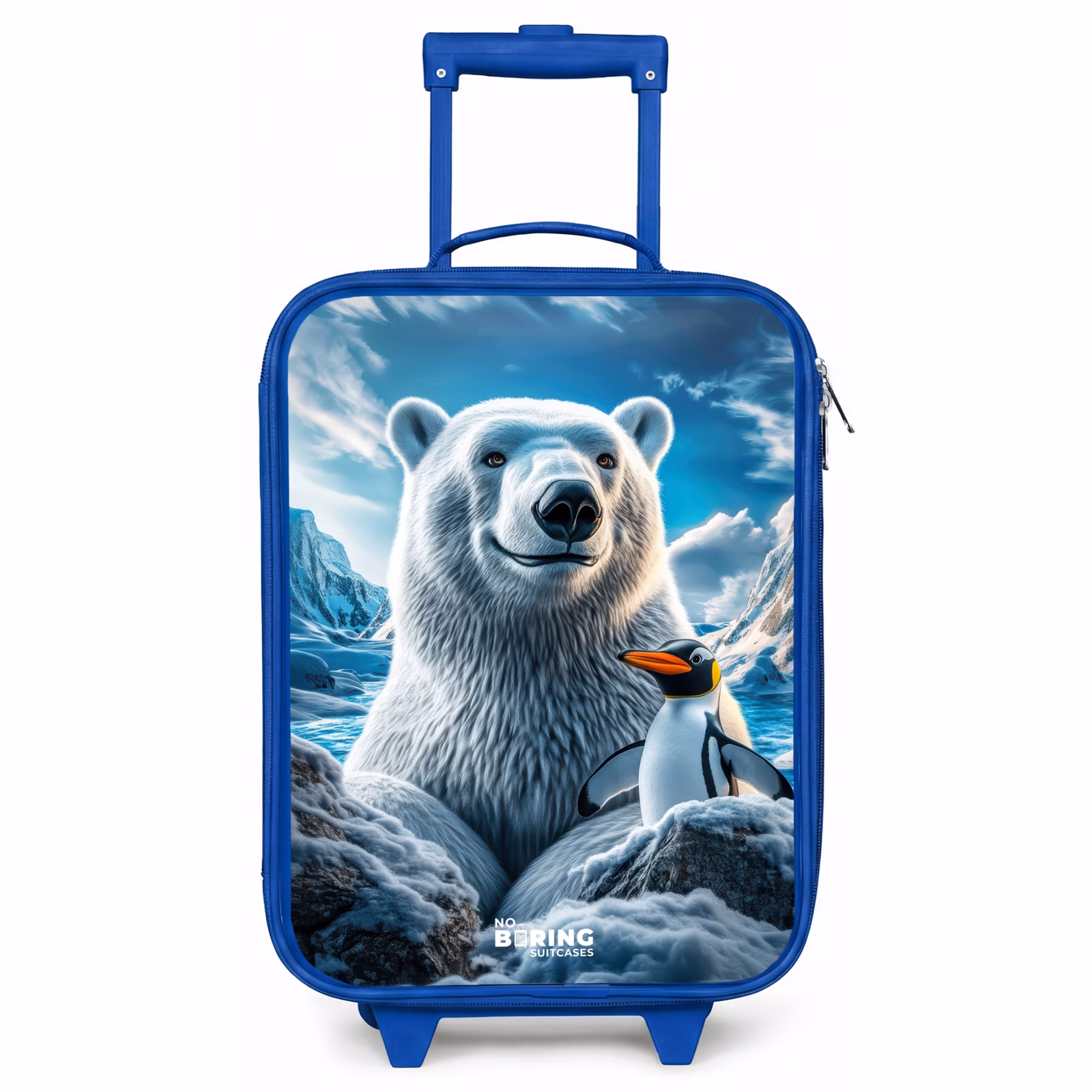Kinderkoffer Blau - Eisbär und Pinguin in verschneiter Berglandschaft — 1