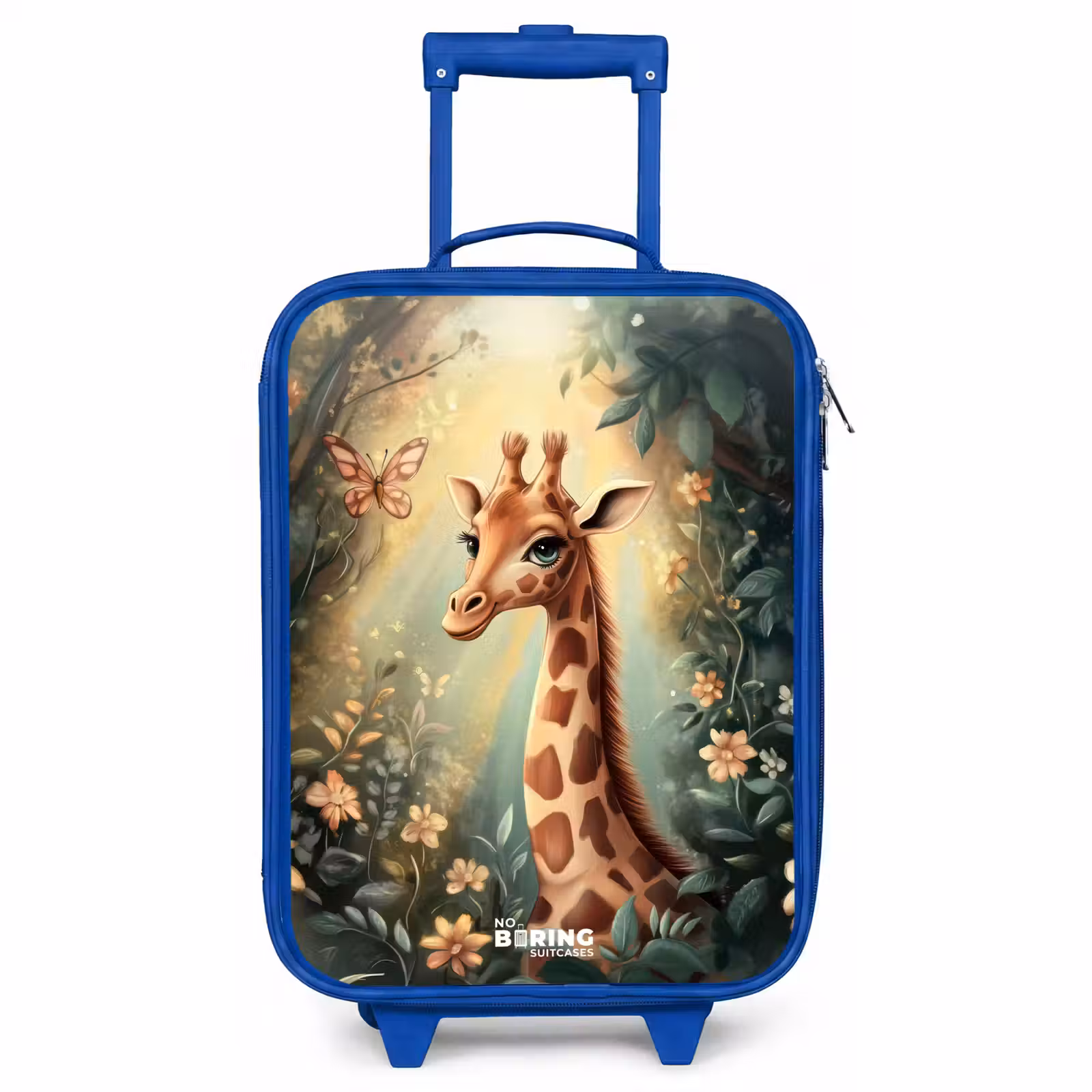 Kinderkoffer Blau - Junge Giraffe zwischen Blumen im sonnigen Wald — 1