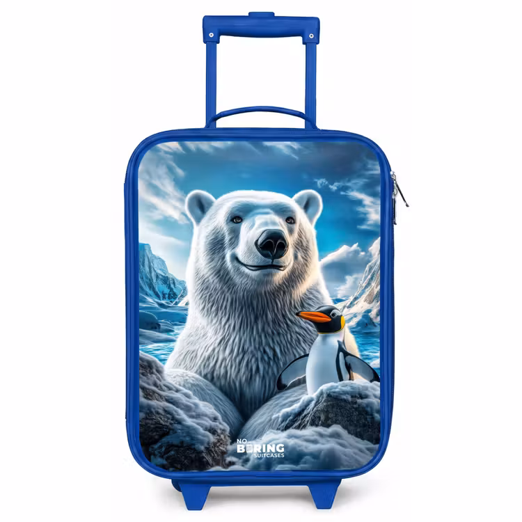 Kinderkoffer Blau - Eisbär und Pinguin in verschneiter Berglandschaft — 1