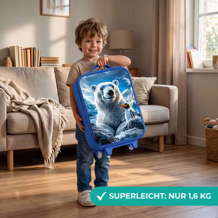 Kinderkoffer Blau - Eisbär und Pinguin in verschneiter Berglandschaft — 3