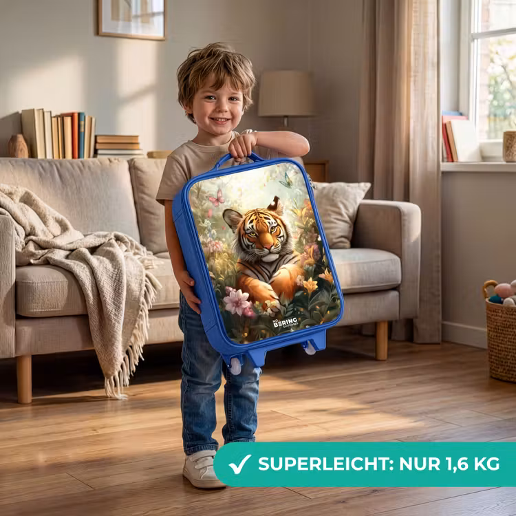 Kinderkoffer Blau - Tiger im Blumenfeld mit Schmetterlingen und Sonnenlicht — 3