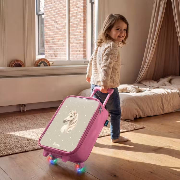 Kinderkoffer Rosa - Einhorn umgeben von Polka Dots in neutralen Farben — 2