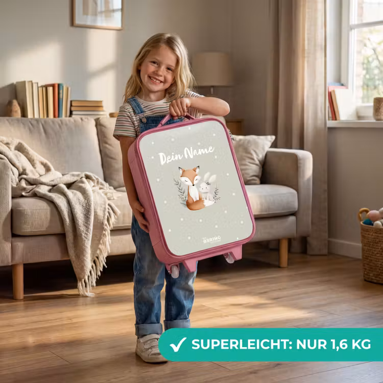 Kinderkoffer Rosa - Fuchs und Kaninchen umgeben von grünen Blättern und Punkten — 3