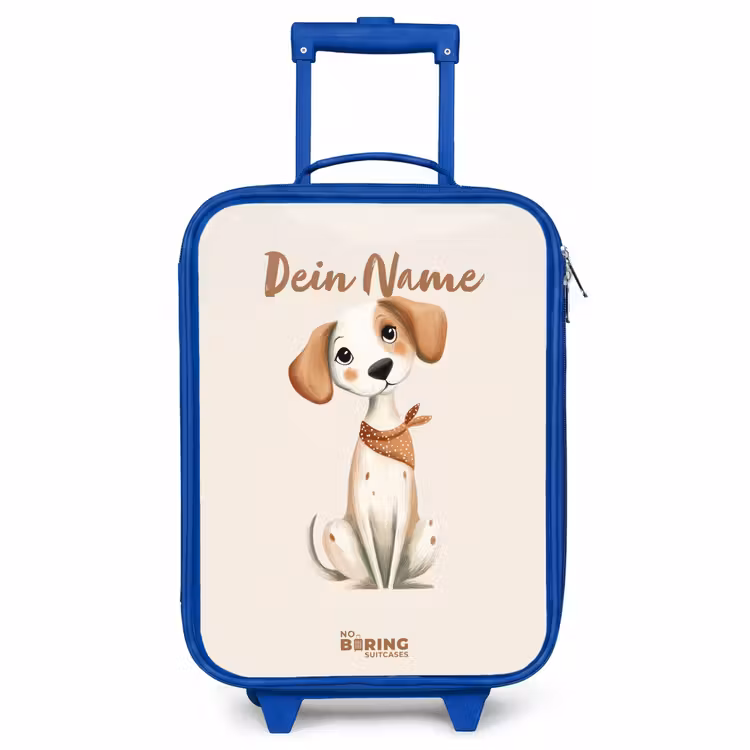 Kinderkoffer Blau - Braun gefleckter Welpe auf beigem Hintergrund — 1