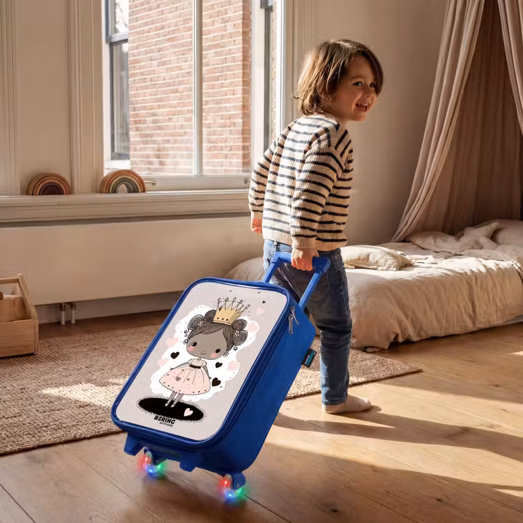 Kinderkoffer Blau - Prinzessin auf farbigem Hintergrund mit rosa und schwarzen Herzen — 2