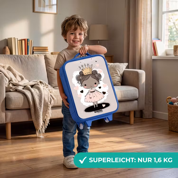 Kinderkoffer Blau - Prinzessin auf farbigem Hintergrund mit rosa und schwarzen Herzen — 3