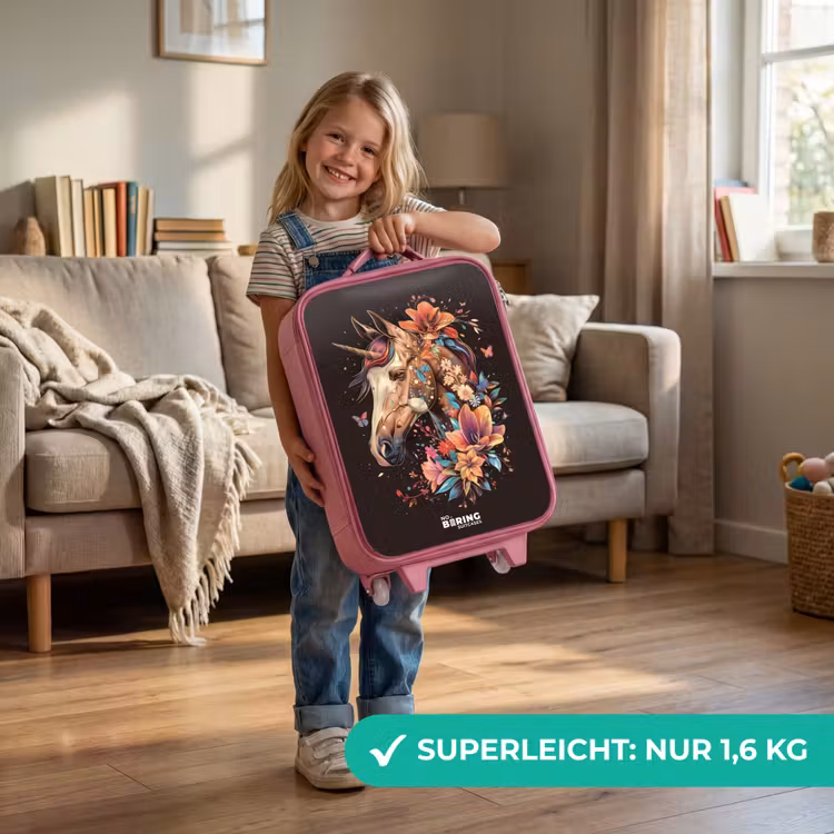 Kinderkoffer Rosa - Einhorn und Blumen auf schwarzem Hintergrund — 3