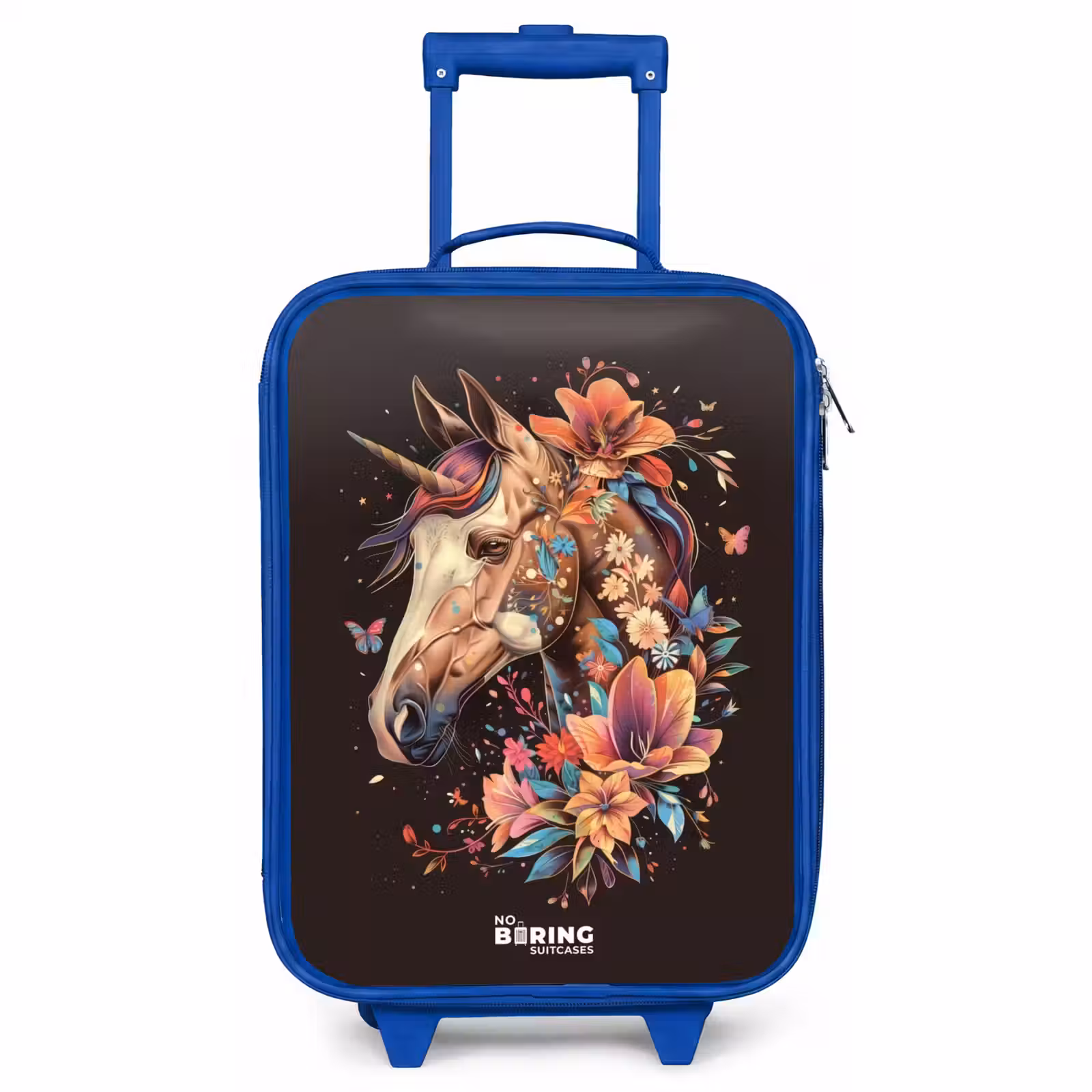 Kinderkoffer Blau - Einhorn und Blumen auf schwarzem Hintergrund — 1