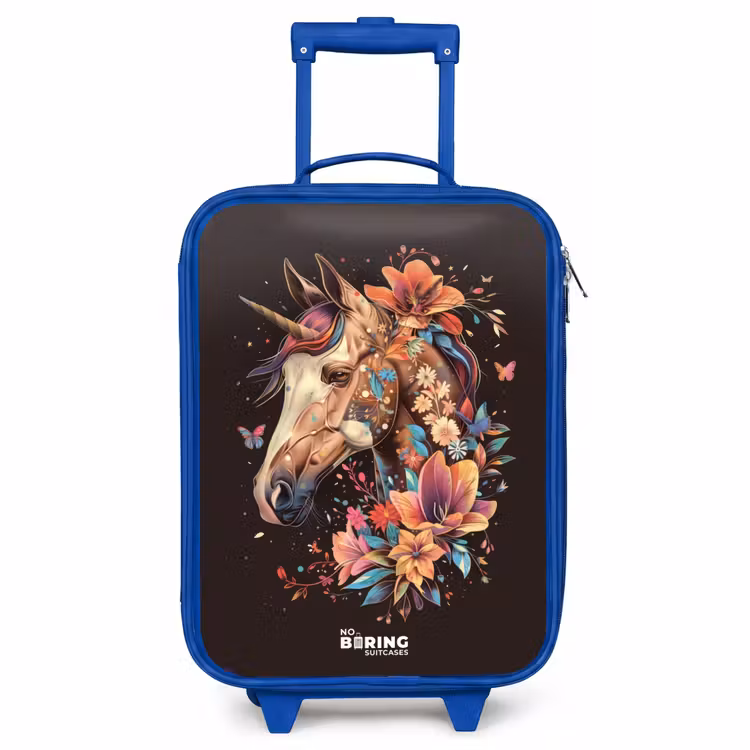Kinderkoffer Blau - Einhorn und Blumen auf schwarzem Hintergrund — 1