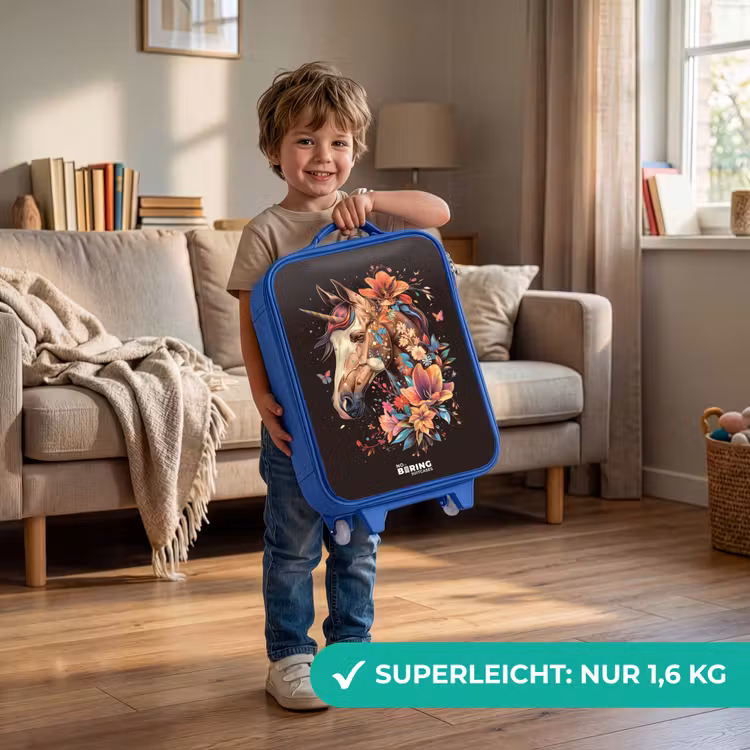 Kinderkoffer Blau - Einhorn und Blumen auf schwarzem Hintergrund — 3