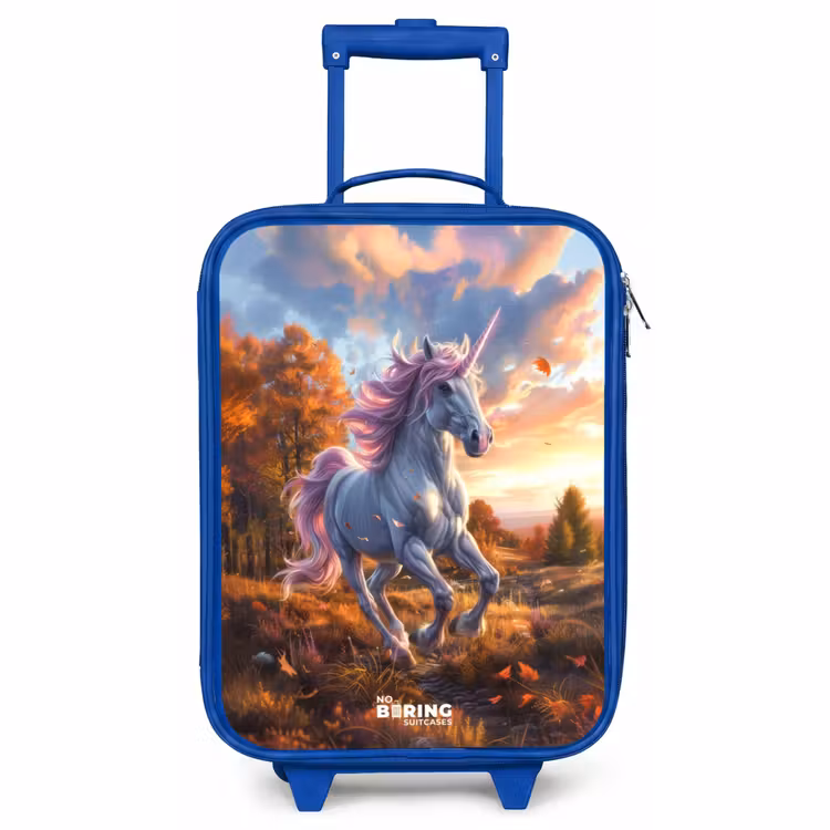 Kinderkoffer Blau - Galoppierendes Einhorn in der Herbstwelt — 1