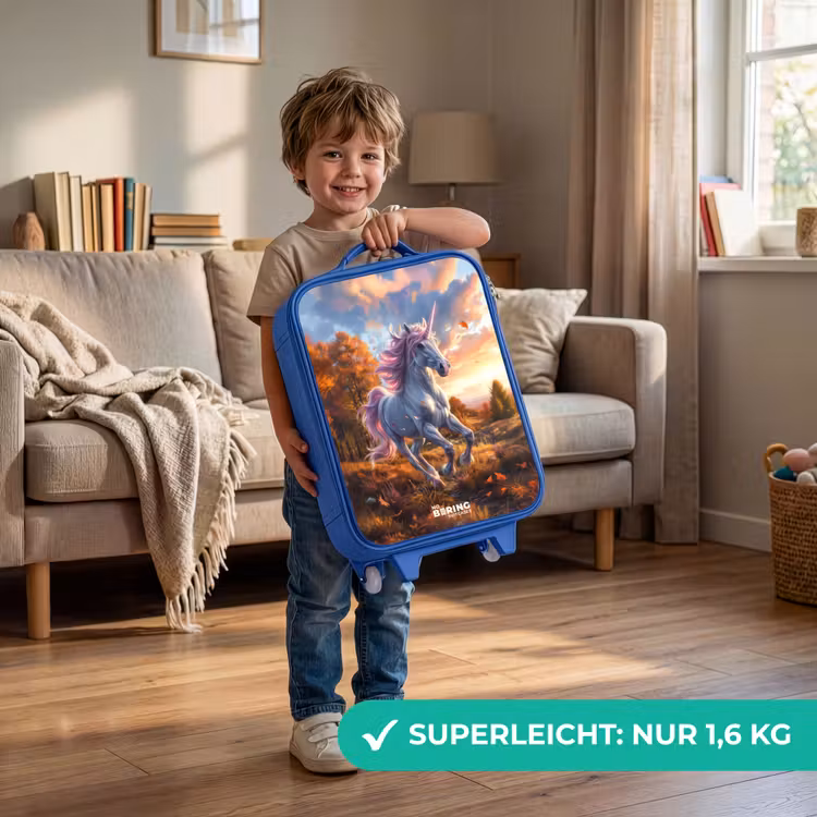 Kinderkoffer Blau - Galoppierendes Einhorn in der Herbstwelt — 3