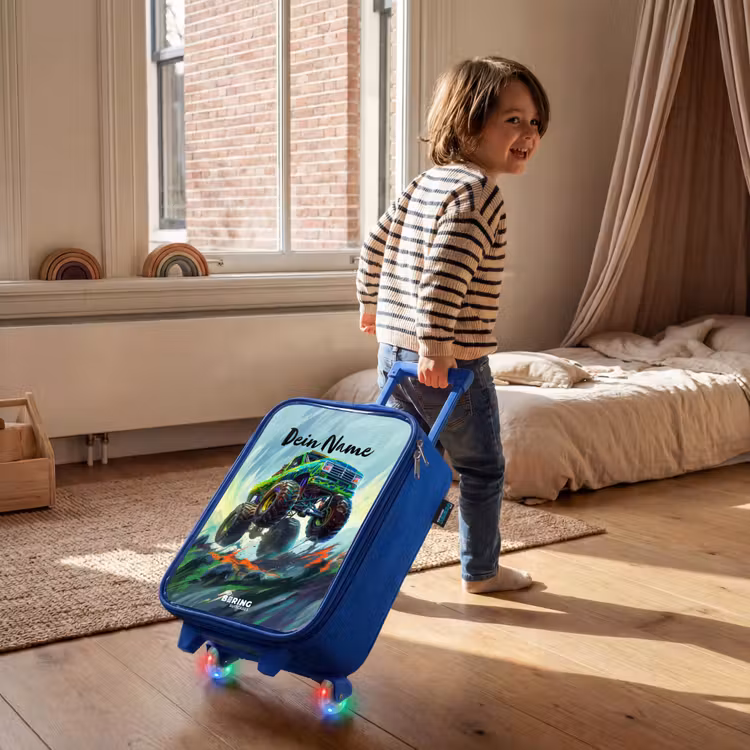 Kinderkoffer Blau - Grüner Monstertruck mit Pinselstrichen — 2