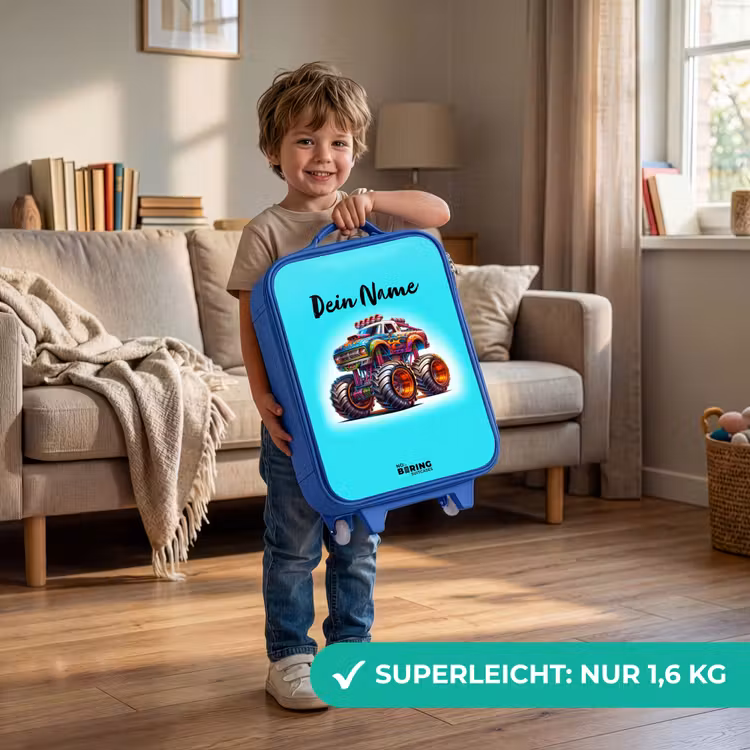 Kinderkoffer Blau - Monstertruck auf hellblauem Hintergrund — 3