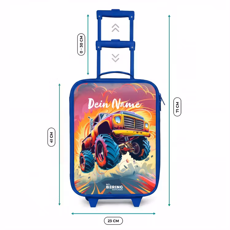 Kinderkoffer Blau - Rosa Monstertruck fliegt über den Asphalt — 7