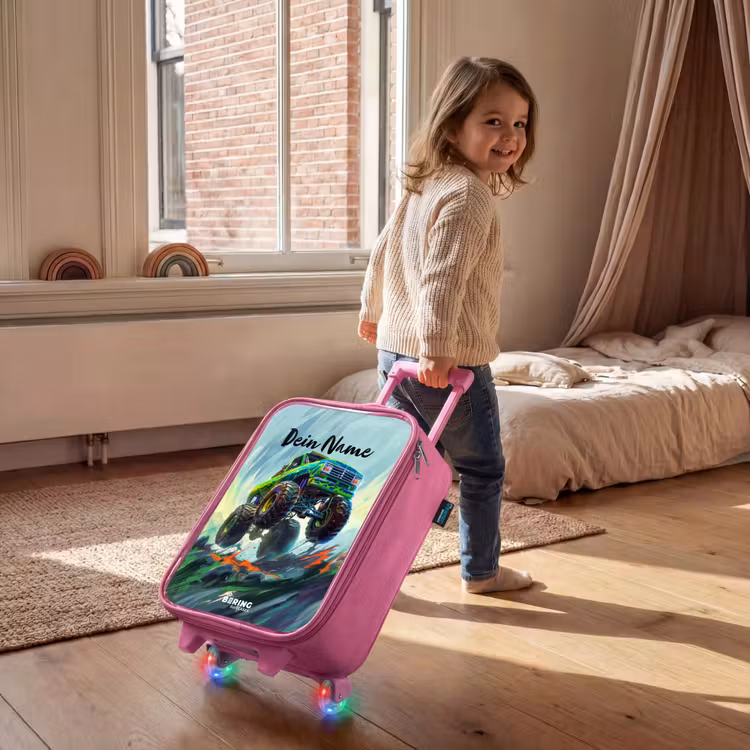 Kinderkoffer Rosa - Grüner Monstertruck mit Pinselstrichen — 2