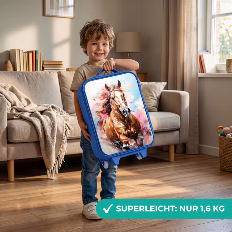 Kinderkoffer Blau - Galoppierendes Pferd mit buntem Hintergrund — 3