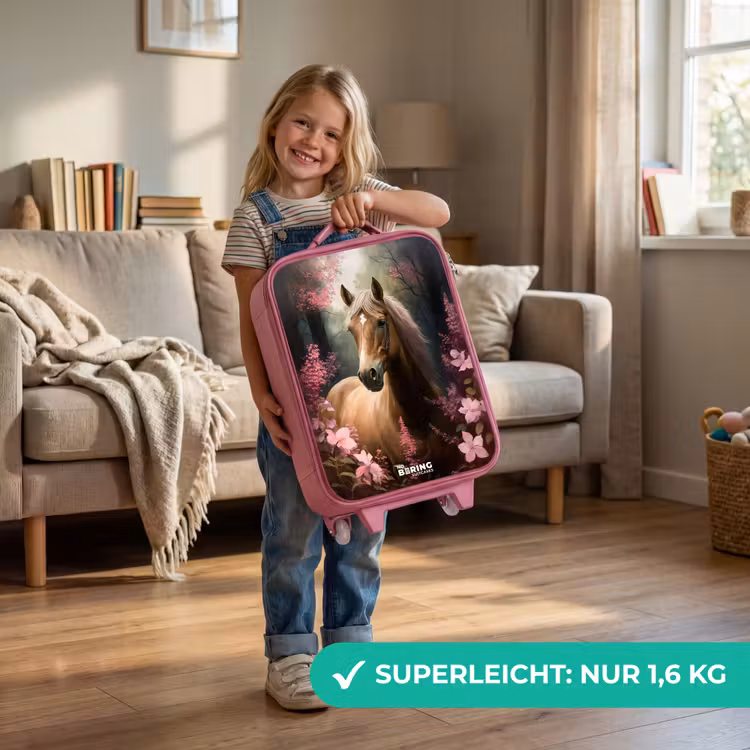 Kinderkoffer Rosa - Hellbraunes Pferd zwischen rosa Blumen — 3