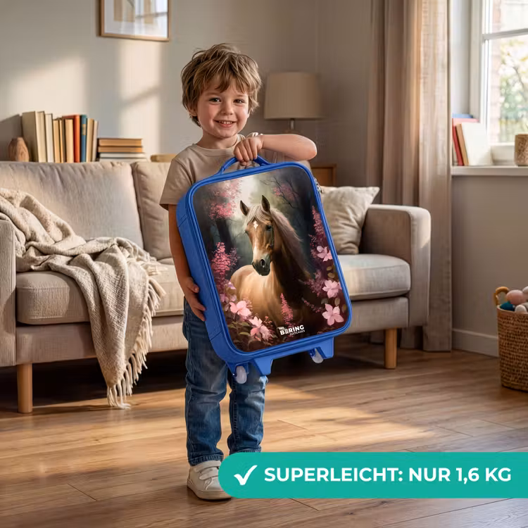 Kinderkoffer Blau - Hellbraunes Pferd zwischen rosa Blumen — 3