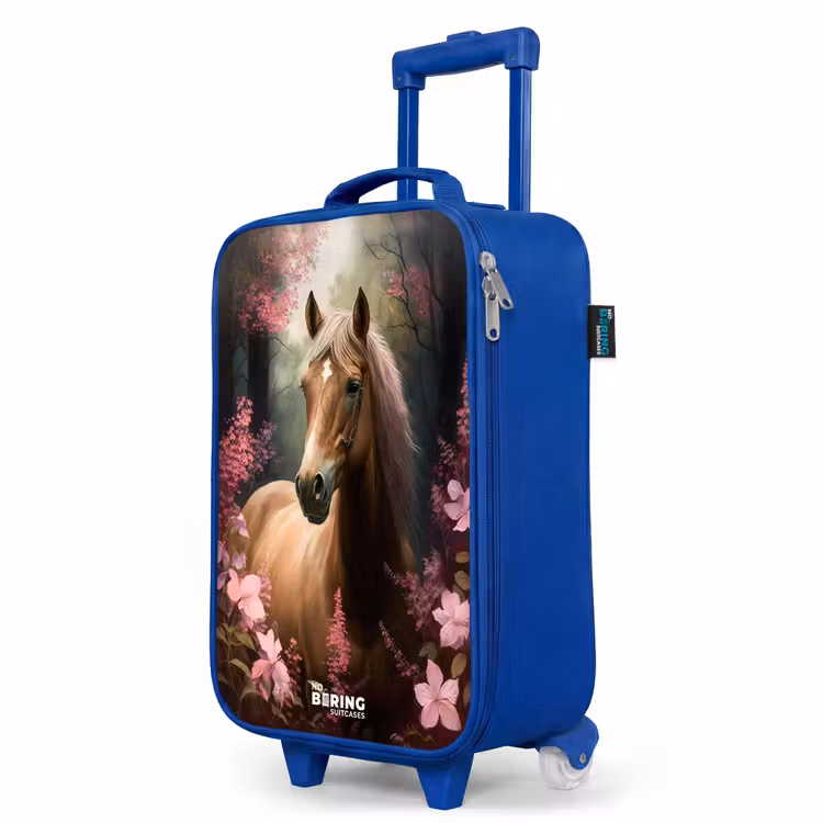 Kinderkoffer Blau - Hellbraunes Pferd zwischen rosa Blumen — 8