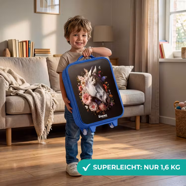 Kinderkoffer Blau - Weißer Pferdekopf inmitten einer bunten Blumengirlande — 3