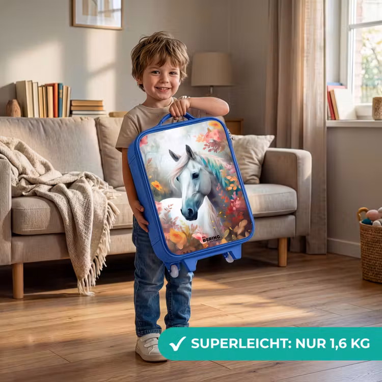 Kinderkoffer Blau - Weißes Pferd umgeben von Blumen — 3