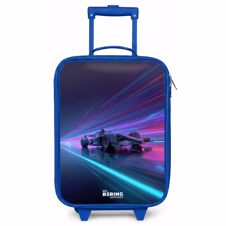 Kinderkoffer Blau - Neon - Rennwagen - Leichte Streifen - Lila — 1