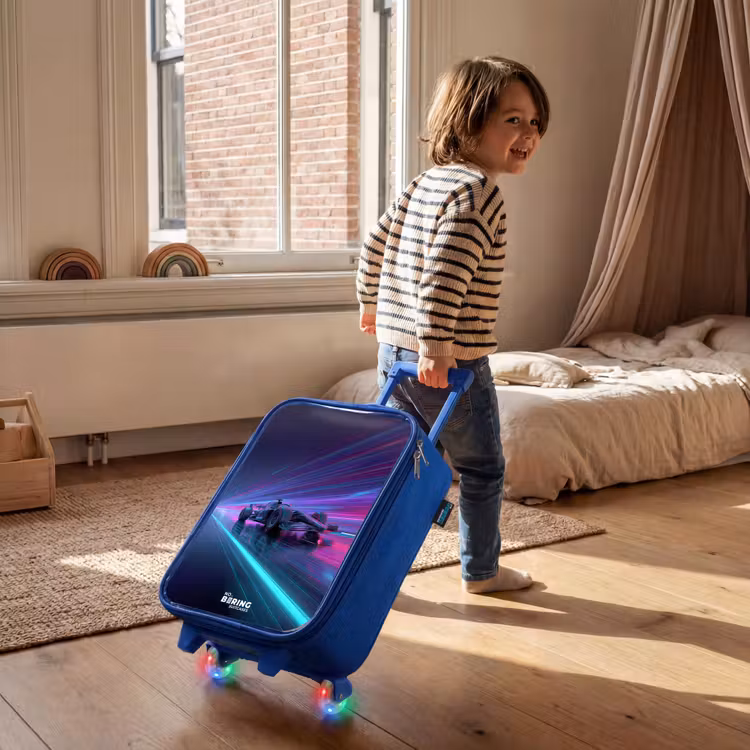Kinderkoffer Blau - Neon - Rennwagen - Leichte Streifen - Lila — 2