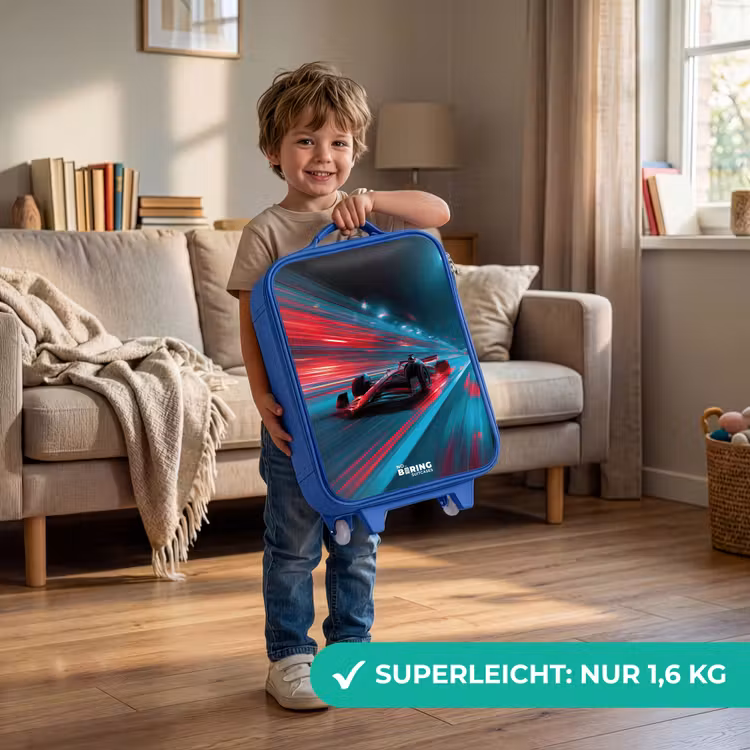Kinderkoffer Blau - Rennwagen - Strecke - Neon - Beleuchtung — 3