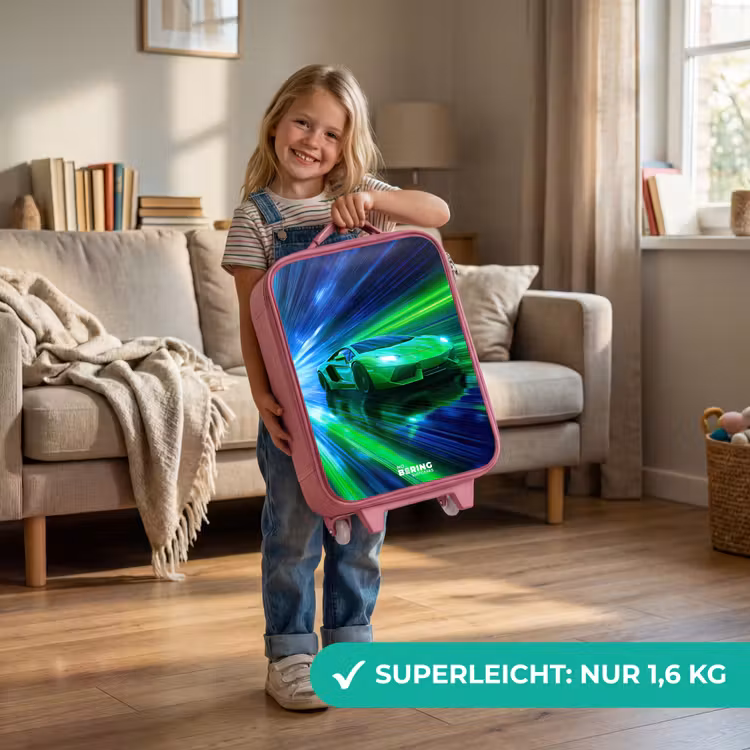 Kinderkoffer Rosa - Rennwagen - Hellgrün - Lichtstrahlen - Geschwindigkeit — 3