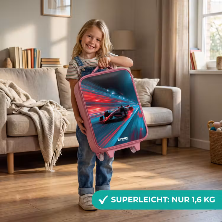 Kinderkoffer Rosa - Rennwagen - Strecke - Neon - Beleuchtung — 3